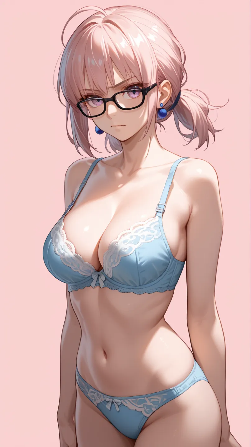 Saber from fate serie wearing a Blue lingerie set, standing confidently against a plain pink background. the image also shows a young woman in the middle of the image, who appears to be in her early twenties, with a slim body and large breasts. she is wear...