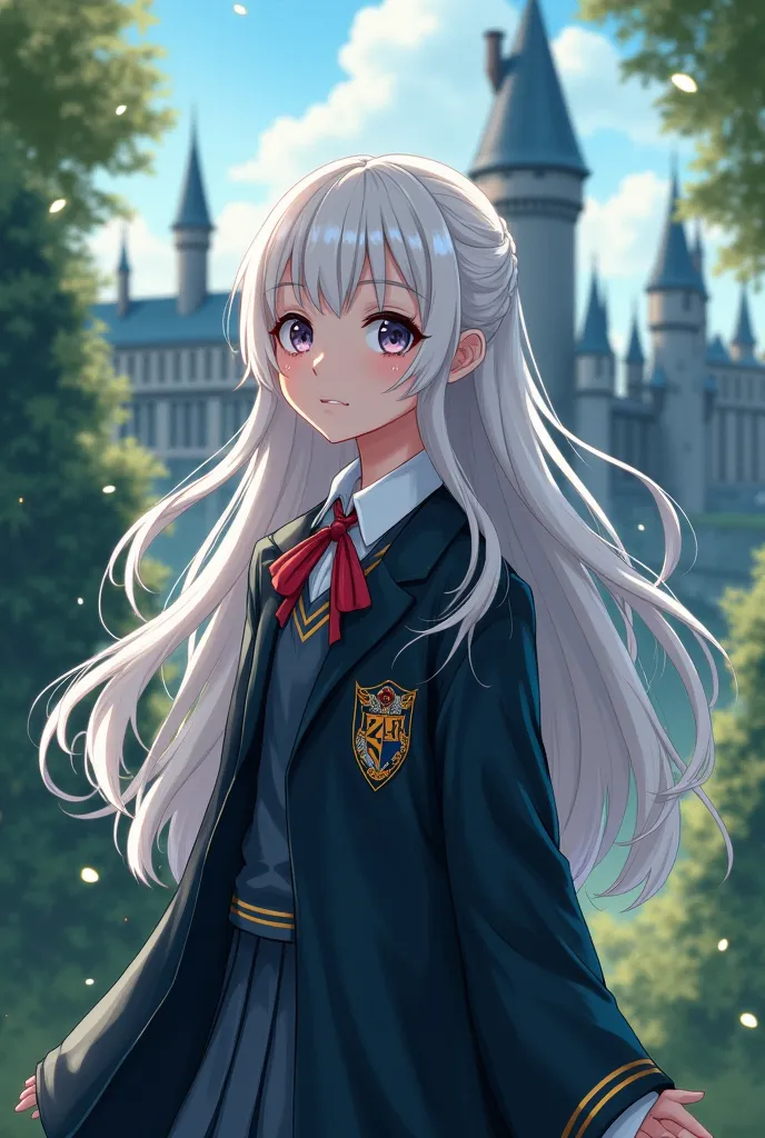 hogwarts girl longhair ,white hair,school uniform anime