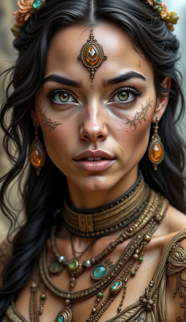 a picture of A beautiful Neolithic European Woman [Gal Gadot:Maude Adams:0.45], detailed hot and sexy face, ornated with exotic simple face paint, she is wearing clothing made from natural materials like leaves and bark ornated with gemstone beads and vibr...