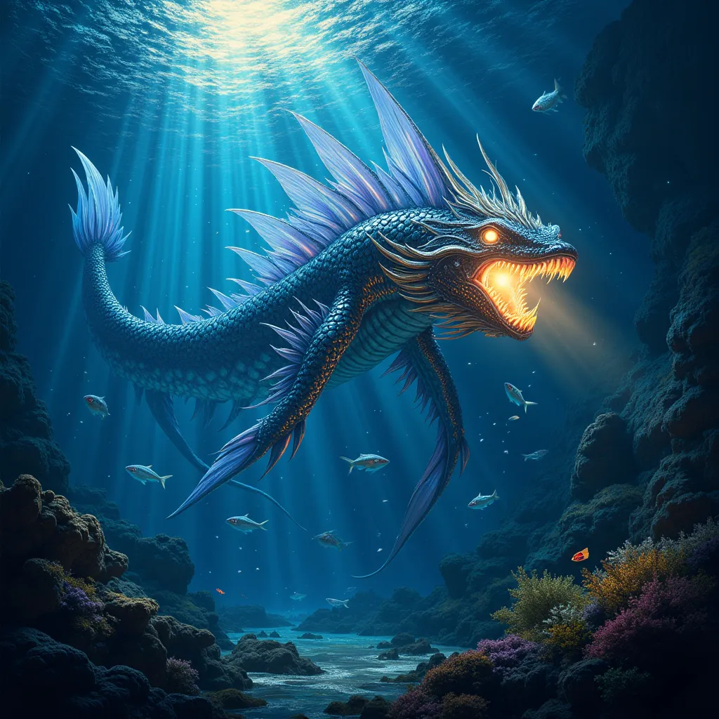 Giant and Celestial Leviathan
Features: A colossal creature with scales crystalline that reflect golden hues, blues and purples . Your serpentine body extends for kilometers, with ethereal winglike fins and glowing eyes like suns.

Scenario: In the depths ...