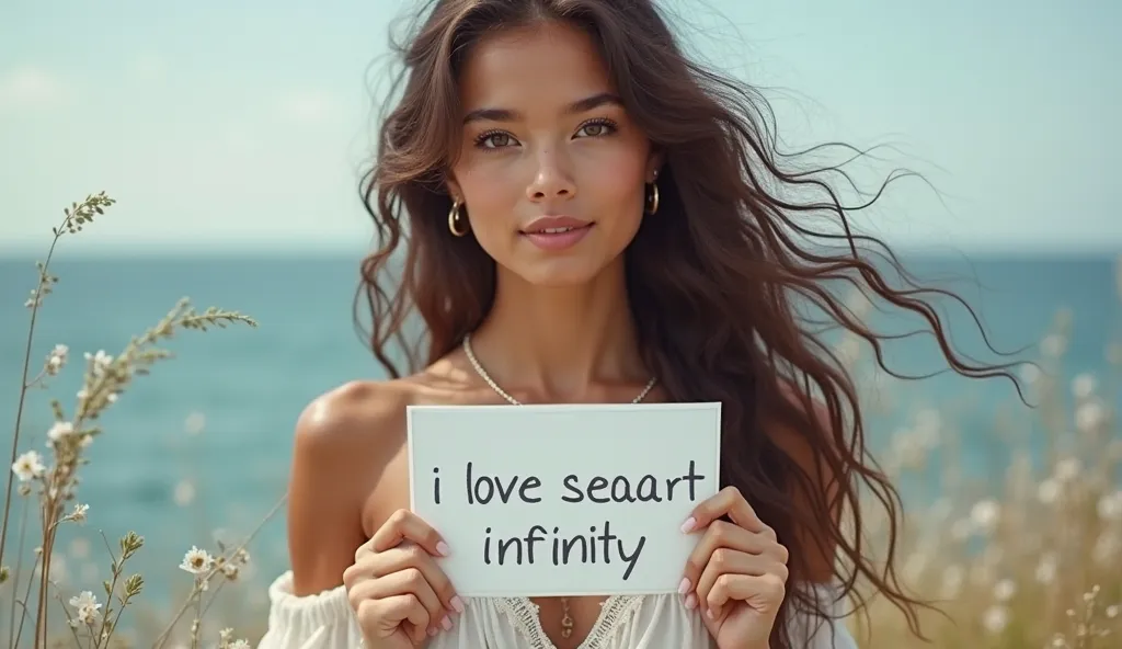 Beautiful girl with wavy long hair, bohemian dress, holding a white board with text "I Love Seaart Infinity" and showing it to the viewer