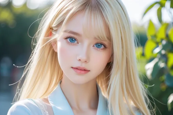 portrait、A stunning blonde beauty、School uniform、bright expression、ponytail、 young, shiny, radiant white shiny skin、Gloss Face、Cheek Gloss Highlight、The best beauty、Reflected light on bright blond hair 、 platinum blonde hair with dazzling highlights 、 bang...