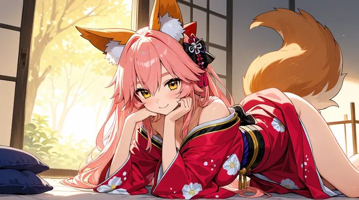 tamamo, animal ear fluff, animal ears, fox ears, fox girl, fox tail, hair ribbon, pink hair, tail, yellow eyes,kimono,