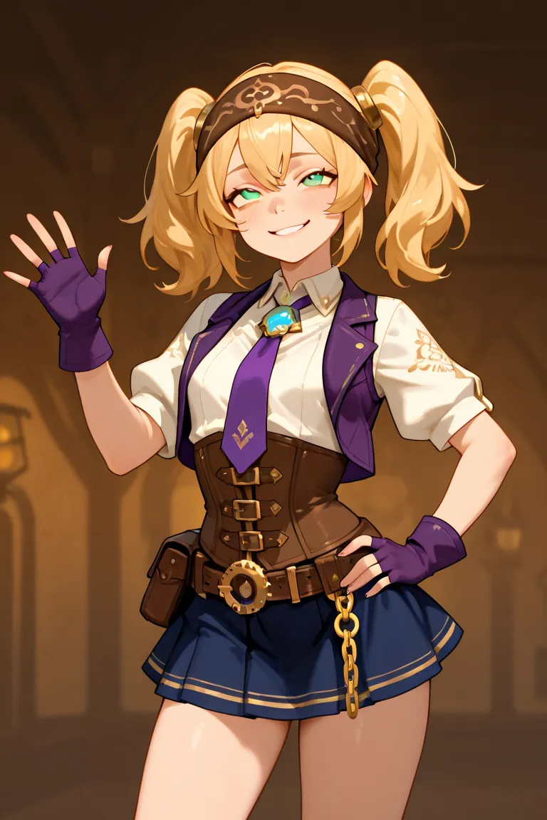 A young girl with long golden blonde twin tails, adorned with a brown headband featuring glowing blue ornaments. She has bright blue-green eyes and a warm, slightly tilted smile. She wears a short-sleeved white shirt with gold accents, a semi-transparent d...