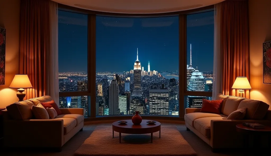 A cozy, dimly lit room with warm, soft lighting and elegant furniture. The room features a large panoramic window that offers a stunning view of the bustling New York City skyline at night. The city lights twinkle brightly, while the night sky above is dee...