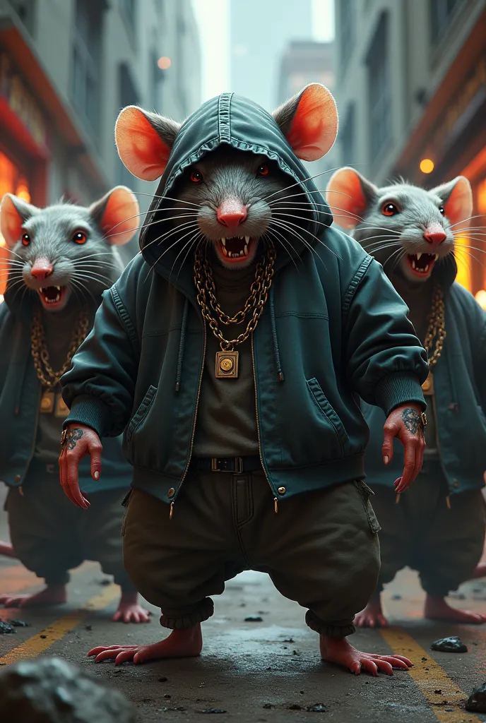 The rats wear gangsta clothes and are big 