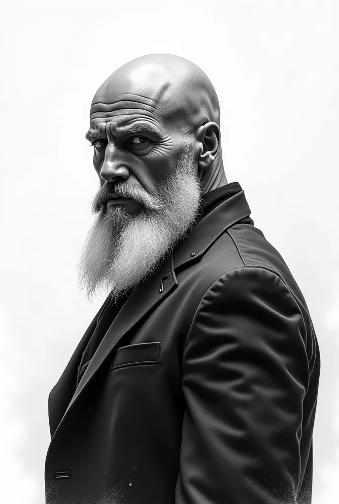 Pencil draw, Potrait black & white, 35 year-old badass man, complete bald, long white well-groomed beard, turn your back.