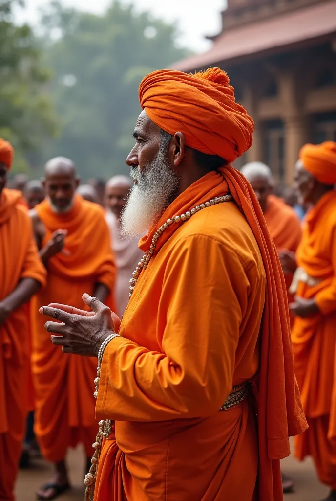 A HD ultra dynamic image of "Sant Namdev, a humble Indian saint with a simple turban and traditional saintly attire, stands gracefully as a group of Indian priests, looking ashamed, bow before him in apology. The background shows the temple, and the atmosp...