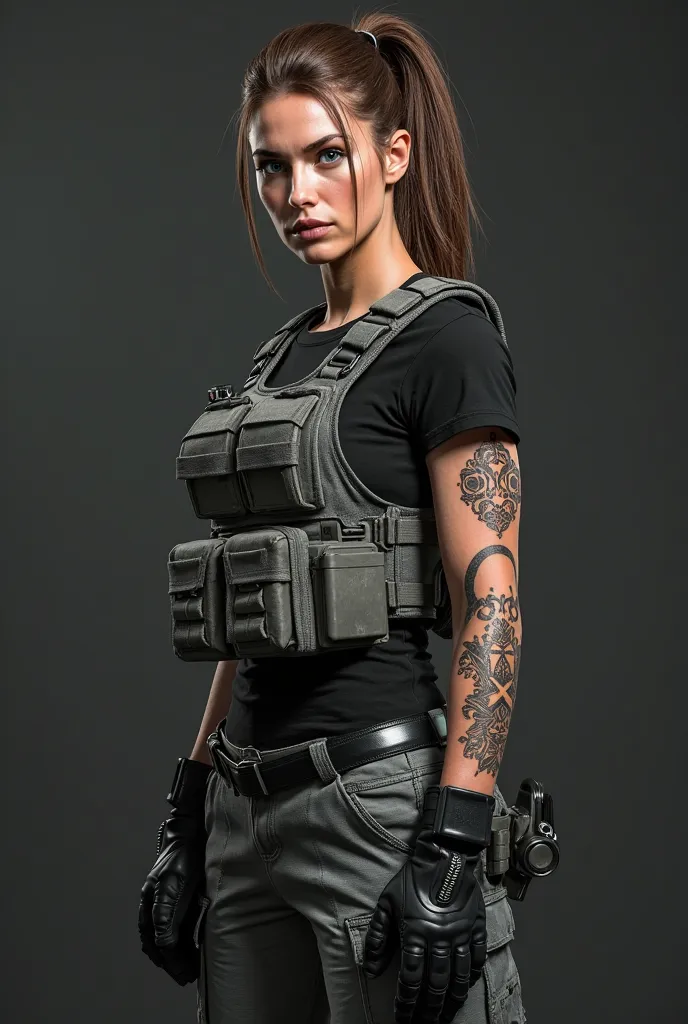 jill valentine, 30 ans, queue de cheval brune, yeux bleus, rangers noirs, pantalon cargo gris, noir t-shirt, gilet tactique gris, fond studio gris foncé  , Polynesian tattoo arm cover, gros seins 