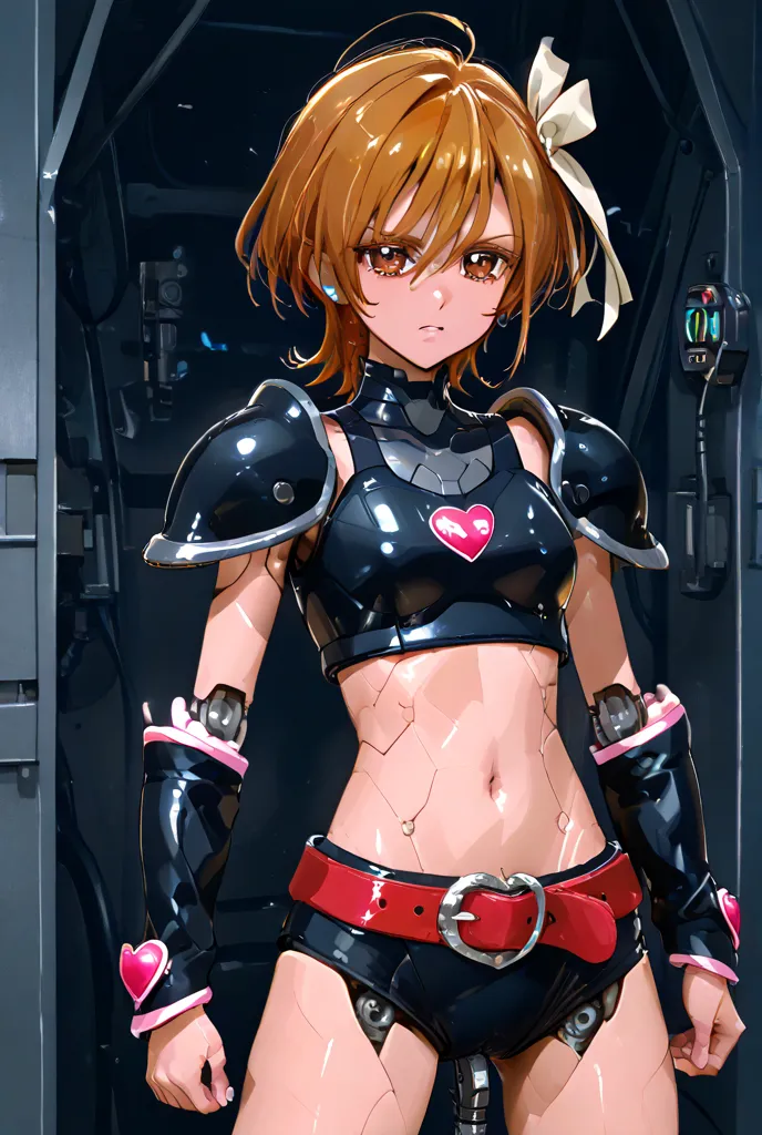 Cure Black remodeled into a sex android、Panel line on the body、Panel lines on joints、metal shoulder armor、red belt with round connection terminals、short brown hair、brown eyes、metallic white ribbon in the center of the chest(Round connection terminal in the...