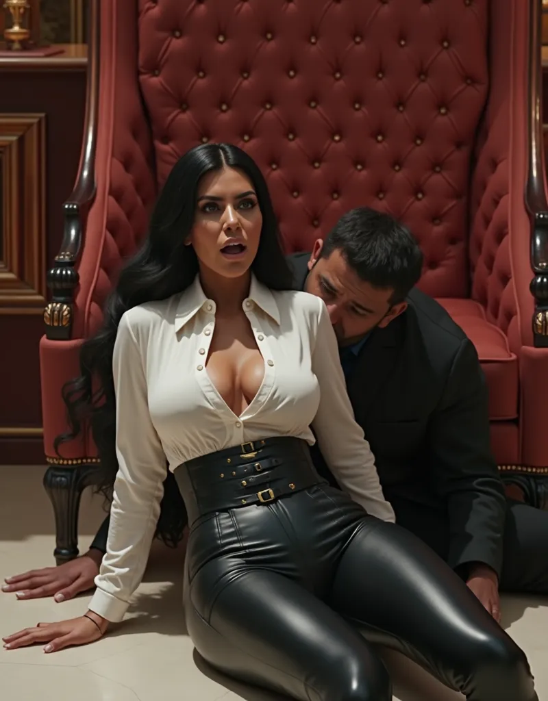 Kim Kardashian in long straight black hair in a tight white shirt with collar and buttons, and in black latex leggings and with a wide black belt around her stomach, and she wears white highknees, large cleavage, in a VIP room, She is lying on the floor  ,...