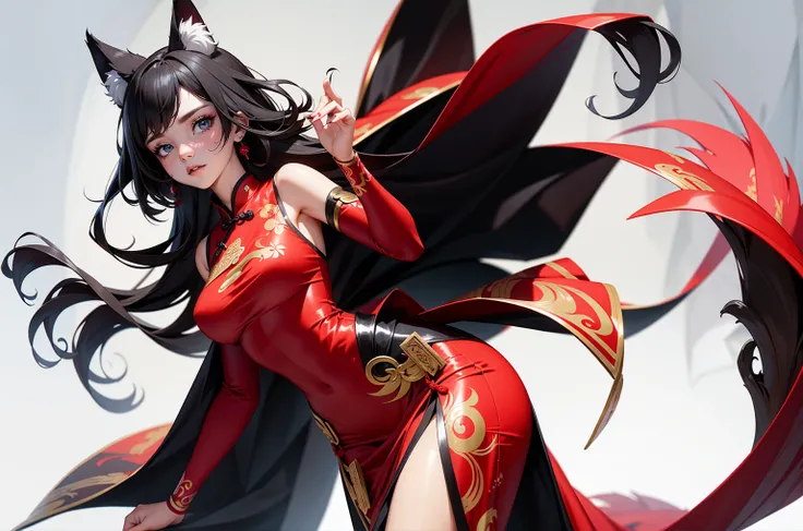 "A depiction of a woman blending the features of Scarlett Johansson and Emma Watson, araffe in a black dress with a fox tail and a red collar, japanese goddess, anime girl cosplay, a beautiful fox lady, a beautiful kitsune woman, anime cosplay, kitsune ins...