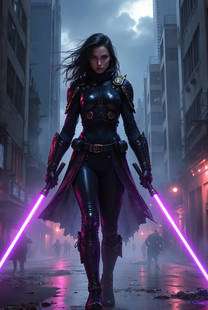 a centered below shot high detailed digital art illustration of a futuristic cyberpunk woman ninja in a walking pose holding with 2 purple light-sabers, wearing a futuristic carbon fiber armor with metal parts and high tech accessories,  looking at viewer ...