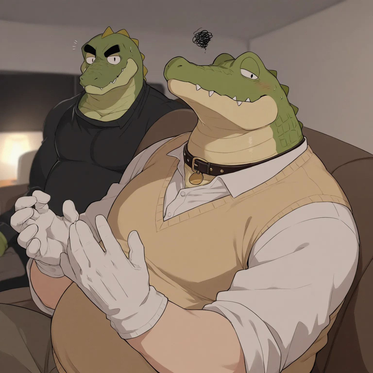 Scribble Crocodile face,Humanity(Crocodile),Chubby,(Black eyebrows:1.1),(Perfect eyes),Smooth Skin，（artist:Takemoto Arashi），Living Room background，（Collar:1.3），claw，（Sweater-vest:1.3）。Wearing a Leather collar around his neck. Wearing fancy white gloves on ...