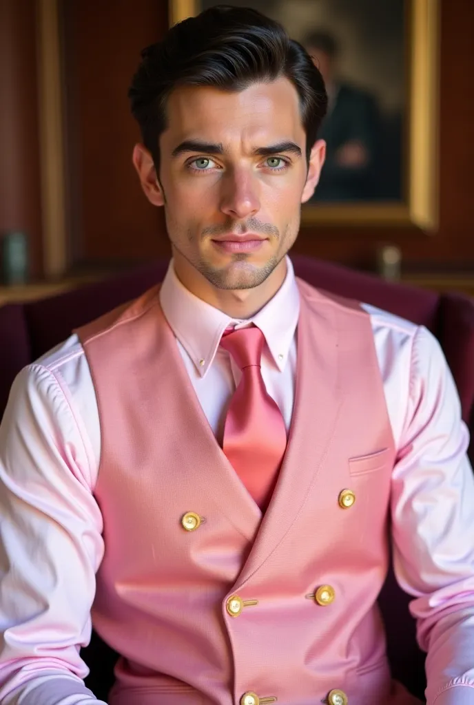 You can make an image of Tom as a cold, expressionless  psychopathic  with black, well-groomed hair and blue gray eyes (European), il est vêtu d'une chemise rose à broderie en or, of an extremely thick pink tie with double Windsor knot in gold, of a pink v...