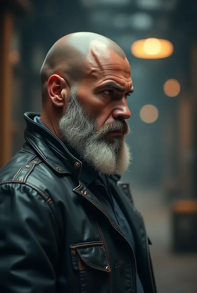 35 year-old badass man, complete bald, long white well-groomed beard, look turn he's right shoulder