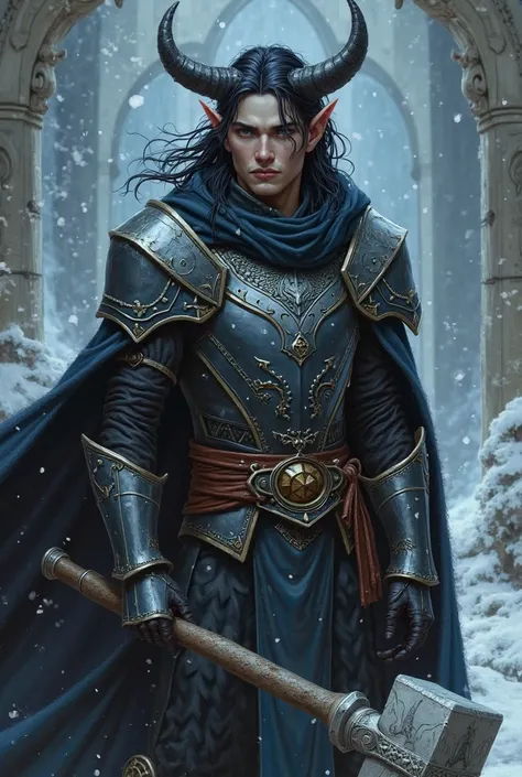 A male tiefling character with elven features, and a single infernal trait being the eyes of a feline, Storm cleric with light armor, Elf skin, black hair, And you look stately carrying a battle hammer.