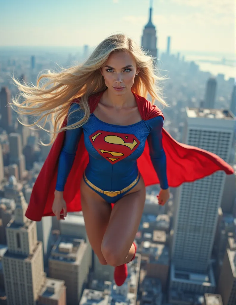 GORGEOUS BULKED SUPERGIRL (DC COMICS) FLYING THROUGH NEW YOR’s SKY, HUGE LONG BLONDE HAIR, PALE SKIN, HIGH CHEEKBONES, ROSY CHEEKS, DETAILED MENTAL FORAMEN, BLUE EYES LOOKING AT CAMERA, STRONG ATHLETIC FEMALE BODY, MUSCLES, TRADITIONAL BLUE RED COSTUME, FU...