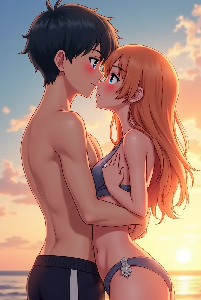 Hot 18 year old cute very cute  boy (anime) (with abs) (full body) (hole body) with hot girl 18 year old very cute (naked) (while kissing)