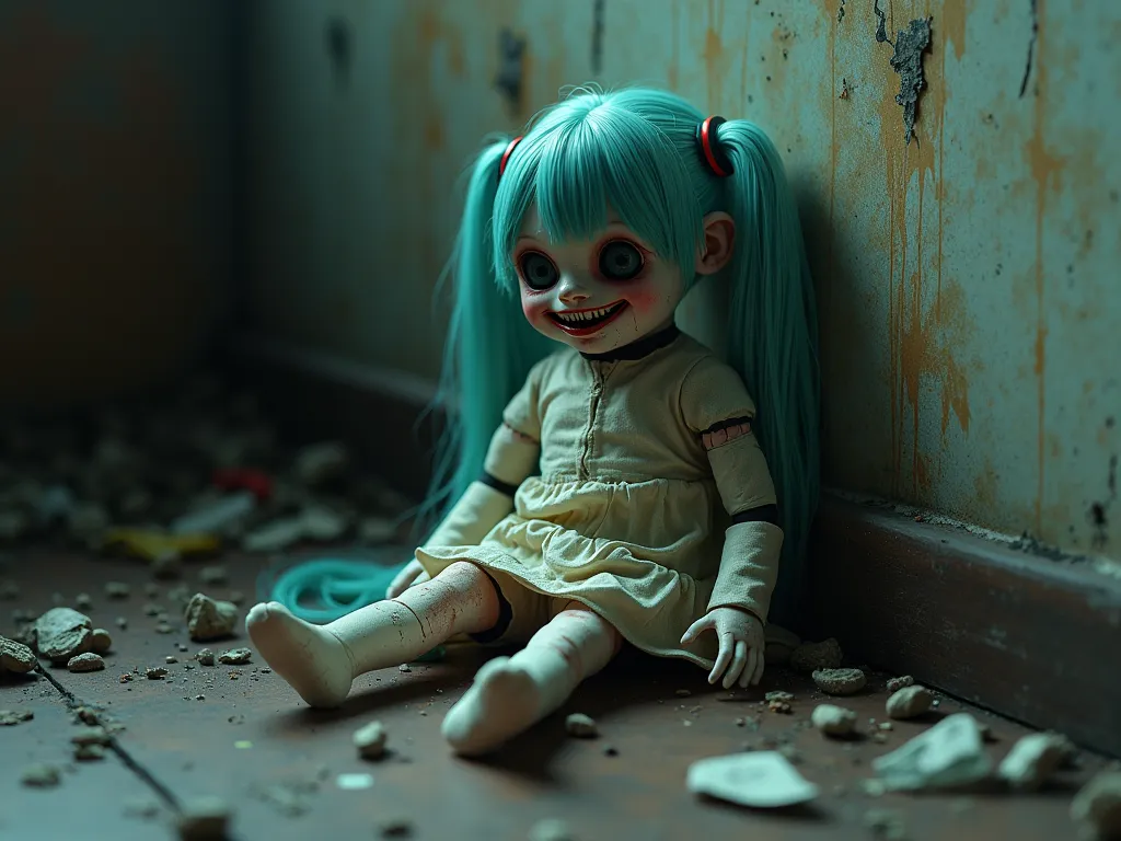 Creepy hatsune miku doll, sitting on floor, messy room