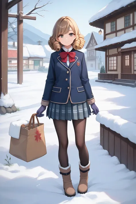 masterpiece, best quality, good anatomy, anime style, sfw, 1girl, 13y, full curly hair, light-yellow hair, brown hair, smile, school uniform, winter uniform, winter gloves, black pantyhose, snow boots, standing, strong snow, town, homes covered by snow, lo...