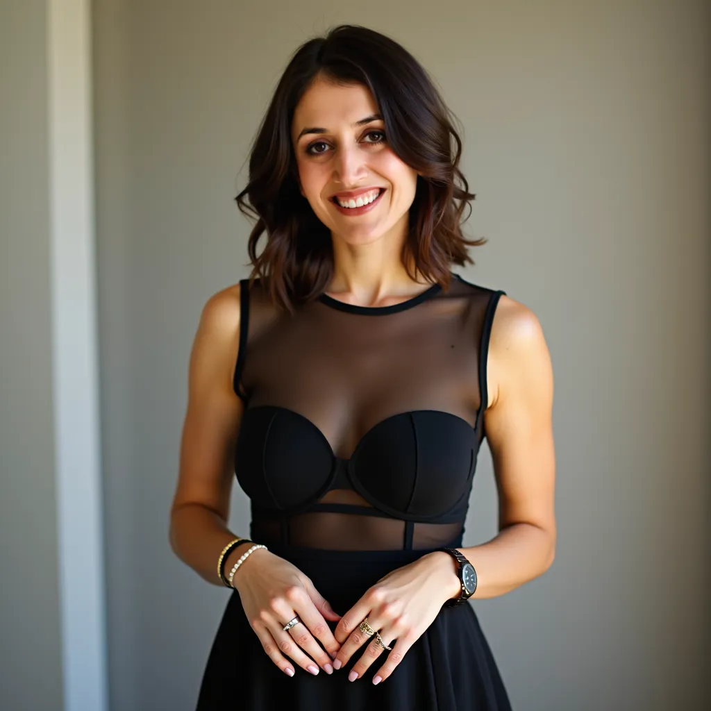   The woman is the central subject. She has shoulder-length, dark brown hair, and she's wearing a black transparent dress showing her tube black bra. The dress has a round neckline and appears to be a sleeveless, A-line style, fitting her figure gracefully...