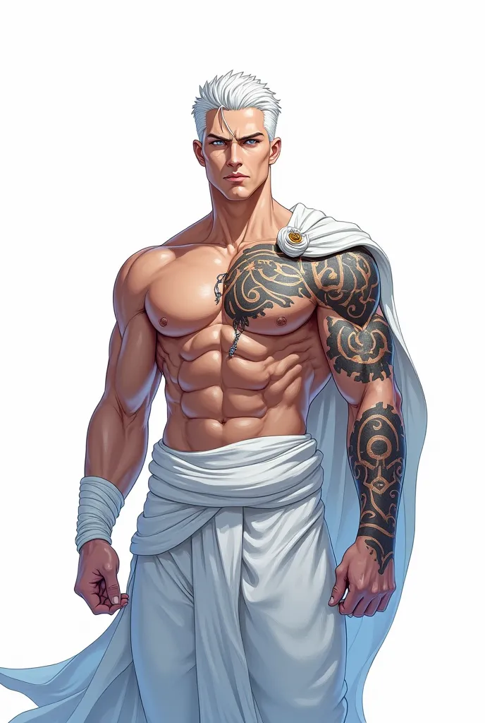 white background, 2d anyme style. a strong and muscular man, wearing noble white clothes, Has short white hair and blue eyes. All over her body there are tribal tattoos in a strong black.