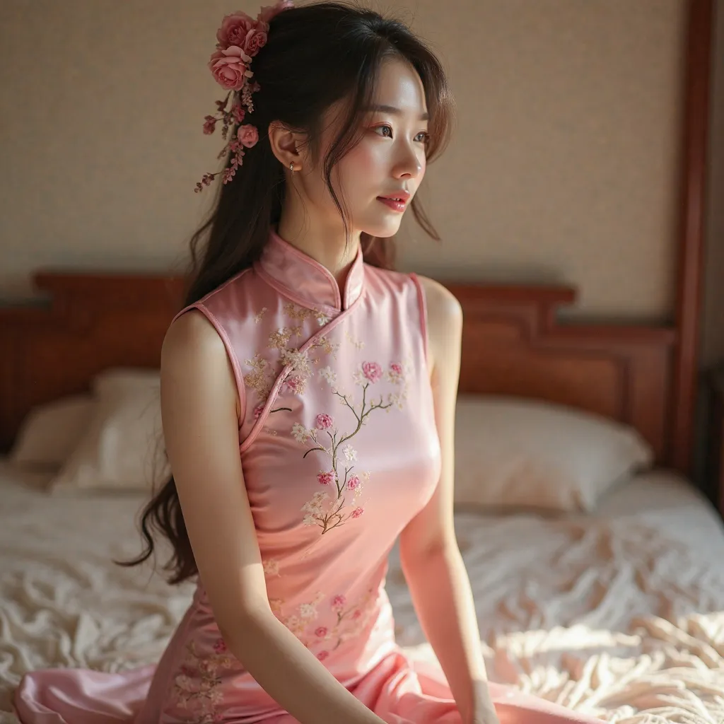 High quality，4K、OK、Reality、HDR、Main Elements 、 exquisite background 、Charming light、 Classical Oriental Beauty 、wearing a gorgeous pink Chinese cheongsam、Silk luster  、Silk material   、Very tight、Single、 Beautiful Facial Features 、Natural posture、 Vivid ex...