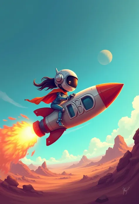 Create a cartoon robot girl riding on a rocket through Mars. The sky is blue, clear, only the rays from the sun. on the racket is written in bold and capital letters: DBD. The space is a crypto space