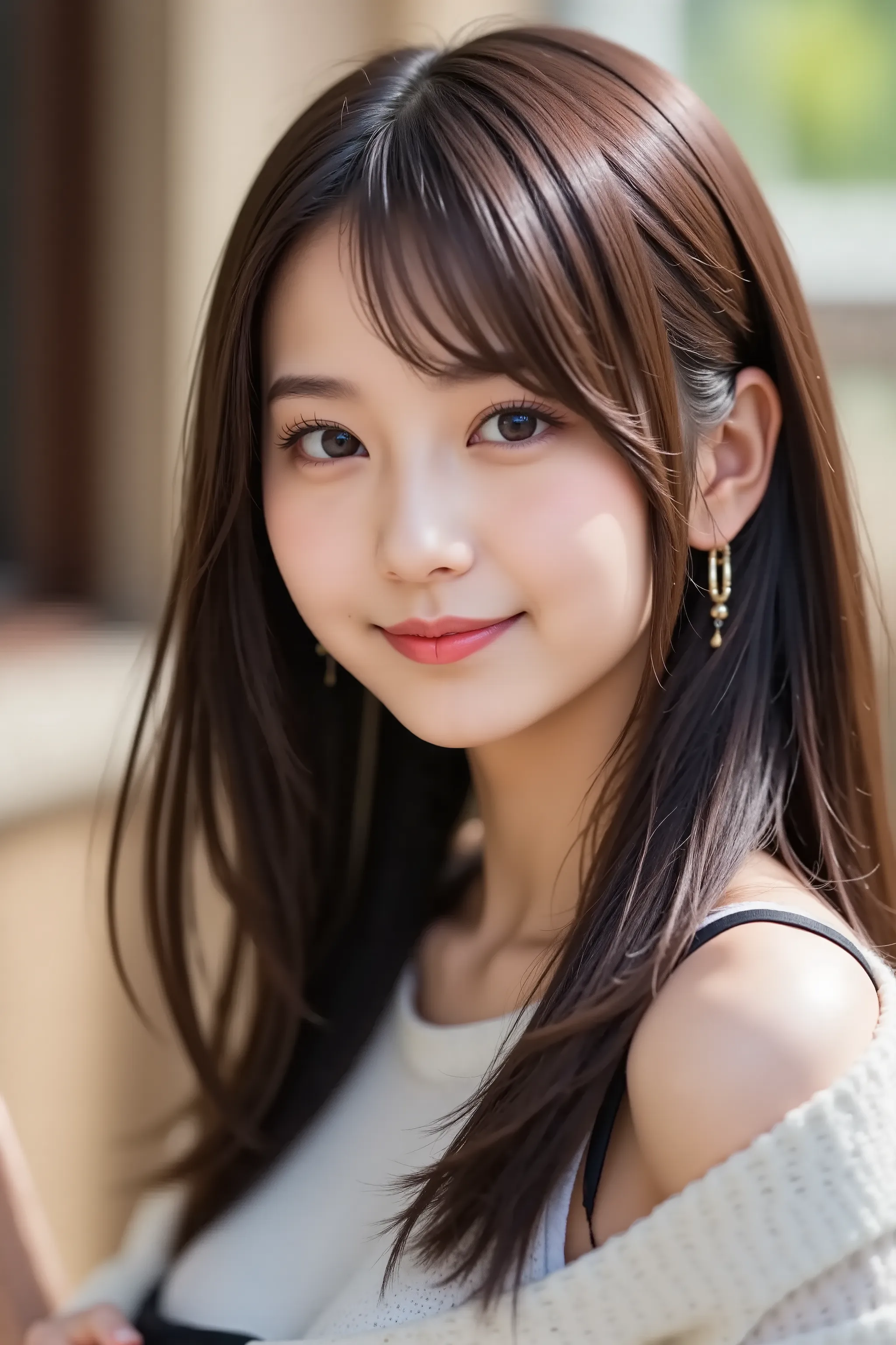 The face is positioned exactly in the center of the image , 's entire head is fully reflected , Face clearly visible、 black sweater, car, long hair caught in a hole、bungs, smile, young and cute japanese face , Official Art, high image quality CG Unity 8k w...