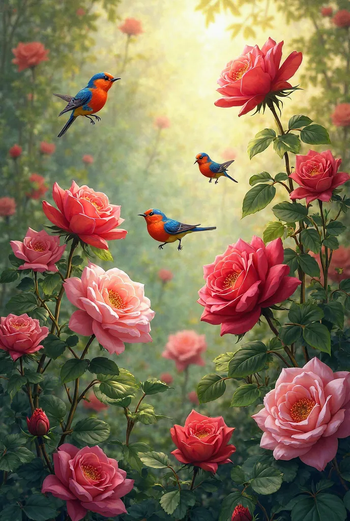 Roses with little birds 