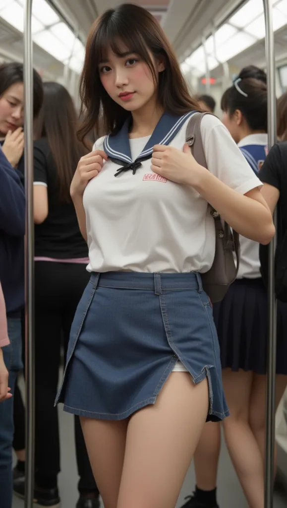 Style: Detailed portraits
Subject: Japanese high school girl
Angle: Full body
Clothing: High school girl uniform that accentuates her body lines, tight miniskirt
Location: Crowded train
Time: Rush hour
Scene: Being molested
Expression: Blushing
Body type: ...