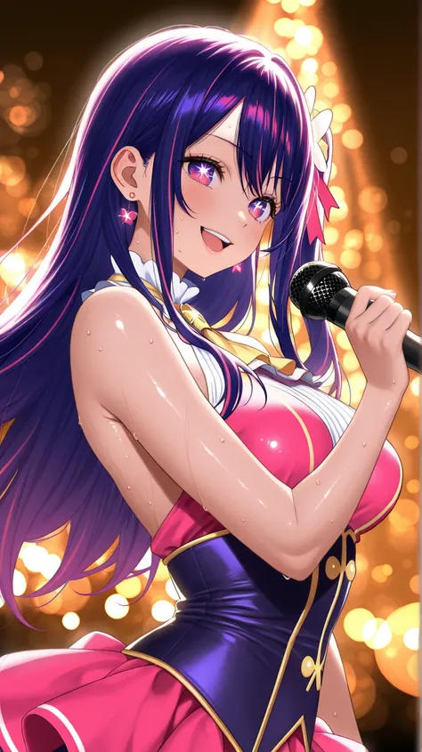 best image quality、realistic、stares at、 Hoshino Ai、idol、One person、Beautiful Skin、loquat earrings、smile、sweat and work hard、 microphone in one hand、hobby background、Studio Lighting、Bokeh、vivid colors、Fantastic Atmosphere