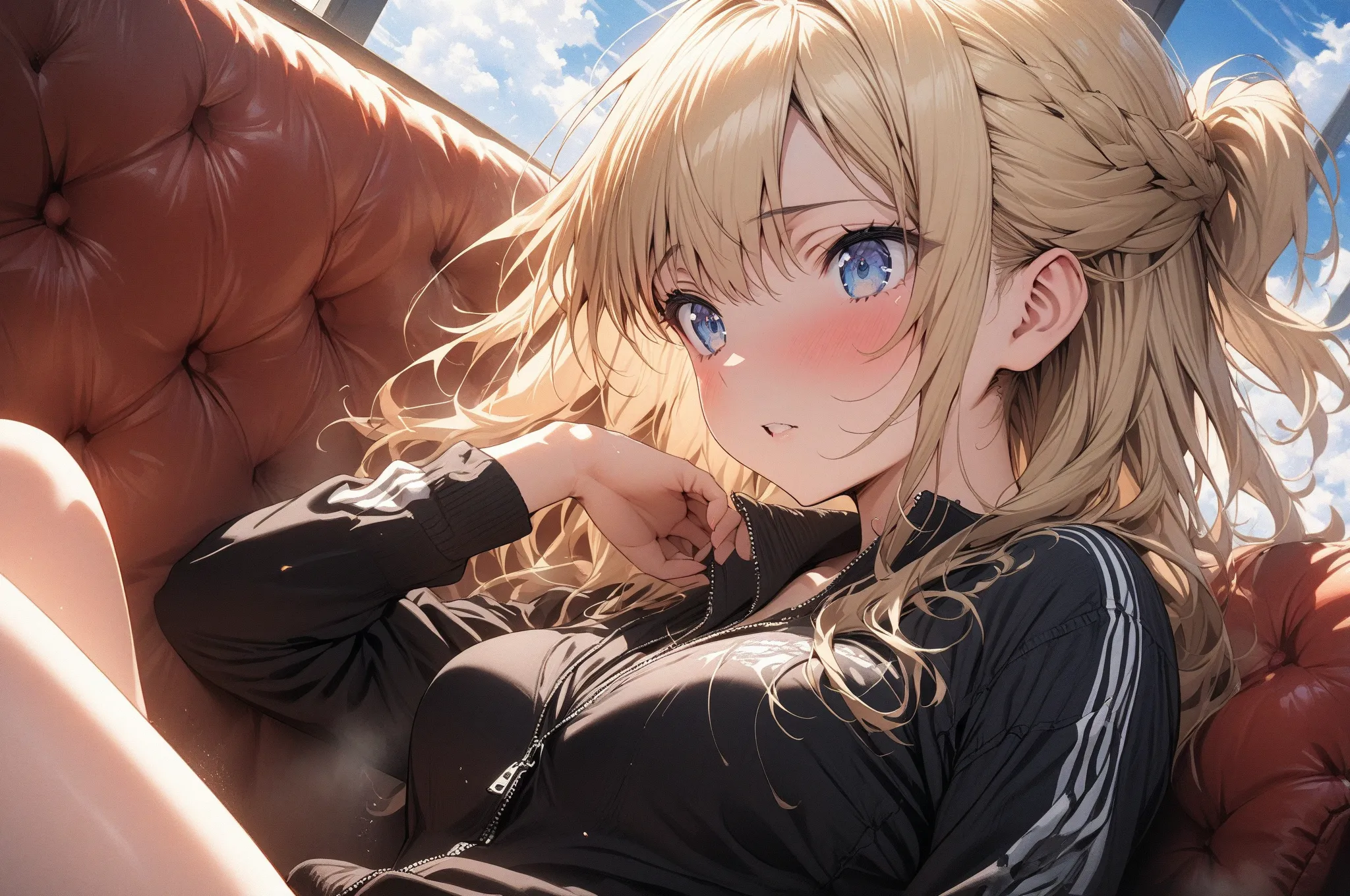 (masterpiece, detailed:1.2), One Girl, (18-years old), blonde half updo, Medium Breasts, sky blue eyes, BREAK, Highest quality, sitting on sofa, Random focus, Random angle