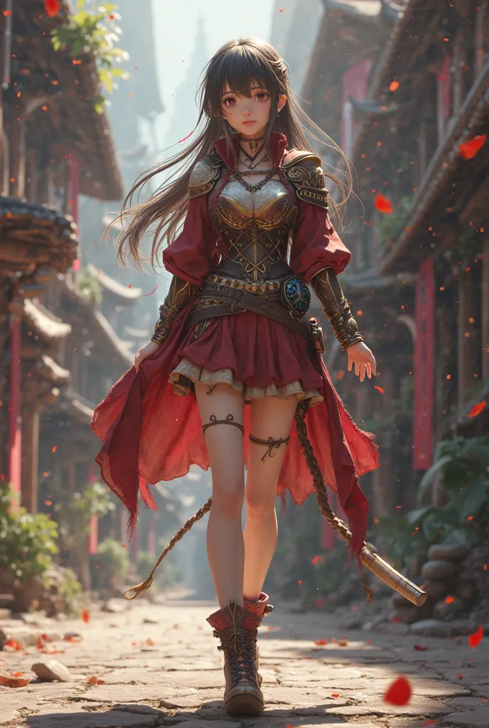 A realistic, beautiful anime girl, facing directly at the camera, with her full body visible, including feet, legs, and shoes. The design should have high detail and realistic textures, suitable for 3D modeling in Blender. Additionally, an epic game charac...