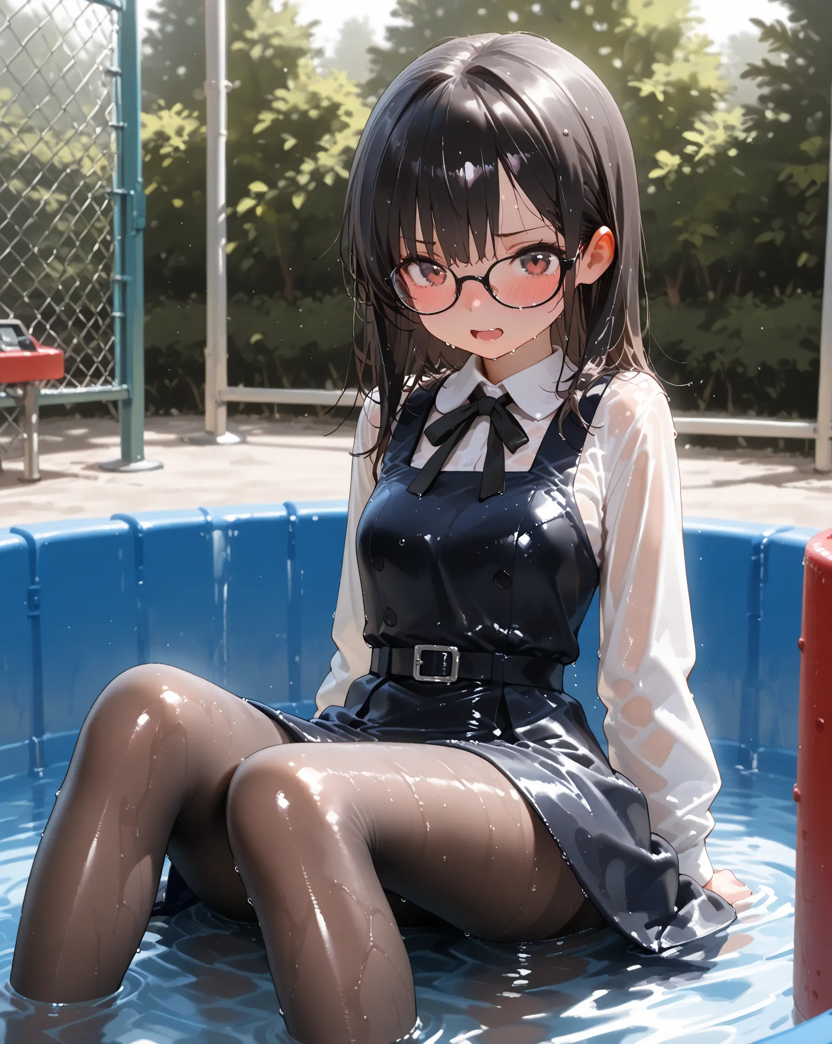 masterpiece, best quality, amazing quality, highres, absurdres, incredibly absurdres, 8k, 1girl, wet, wet hair, wet clothes, wet skin, very wet skin, shiny skin, shiny clothes, Suchwet, spectacles, pinafore dress, white shirt, pantyhose, partially submerge...