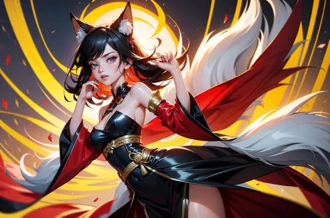 "A depiction of a woman blending the features of Scarlett Johansson and Emma Watson, araffe in a black dress with a fox tail and a red collar, cyberpunk art by Leng Mei, trending on cg society, furry art, japanese goddess, anime girl cosplay, a beautiful f...