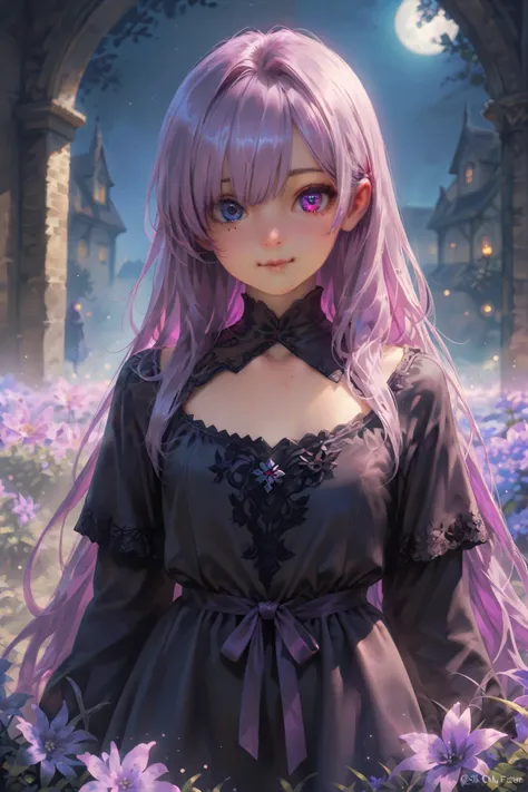 masterpiece, best quality, Detailed Eyes, girl, fantasy, very long purple hair, two color eye, gray left eye, purple right eye, cute, small, sister, semi realistic, 8k, black blouse dress with purple secondary color, calm face, night medieval flower garden...