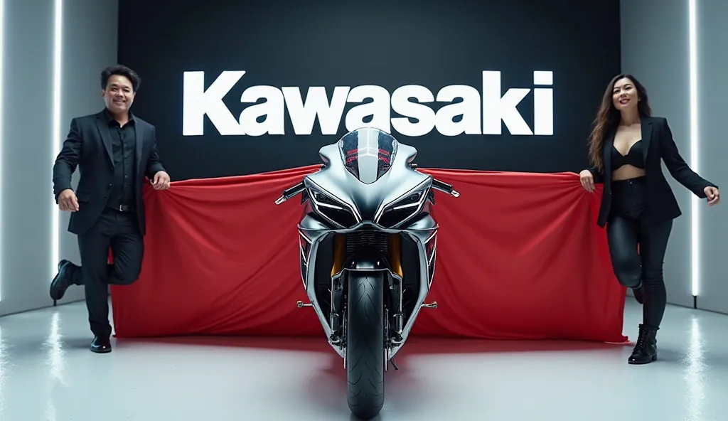 A captivating image of the 2025 Kawasaki zzr600 takes center stage in a luxurious white showroom. The futuristic, sleek original exterior with clear accents gleams under the showroom lights, emphasizing its aerodynamic design, aggressive stance, and high-p...