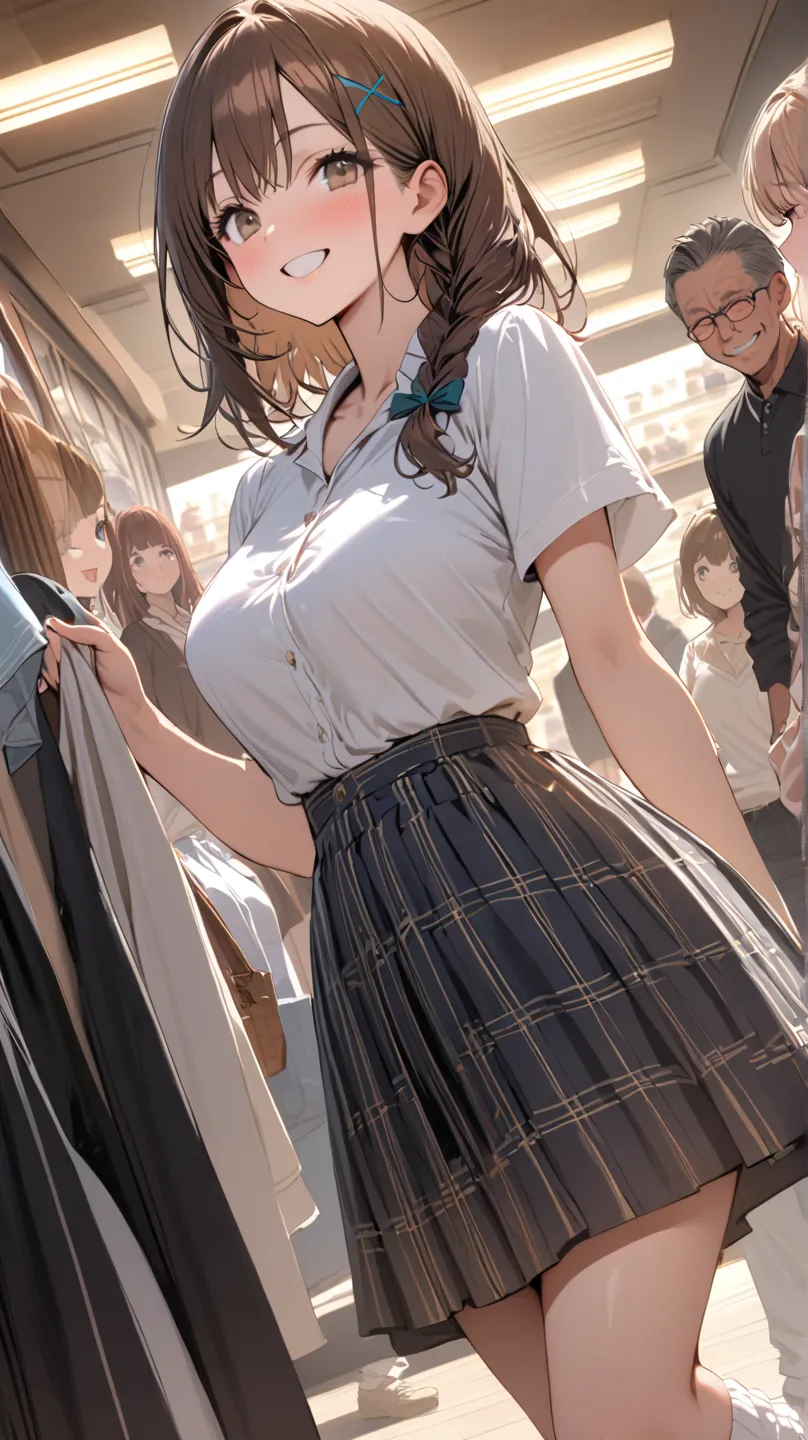 16K brown hair, short side braid hair,  old mature high school girl, X hair ornament, super beautiful white blouse　　 WHITE LOOSE SOCKS 　checked skirt for 3 people　　A super delicate and stylish clothing store　Choose your clothes　　dutch angle, smile　