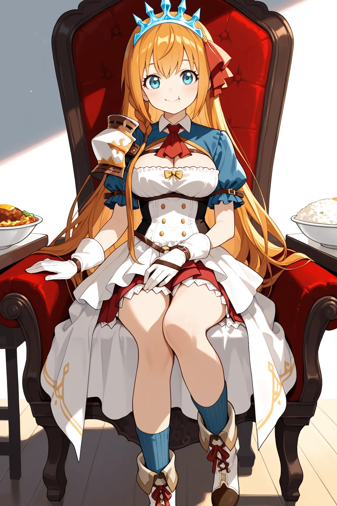 pecorine , blue eyes, hair ornament, long hair, orange hair, tiara, braid, hair braid,
arm belt, armor, ascot, blue socks, boots, dress, gloves, hair ornament, open clothes, open dress, pauldrons, pleated skirt, puffy short sleeves, puffy sleeves, red asco...