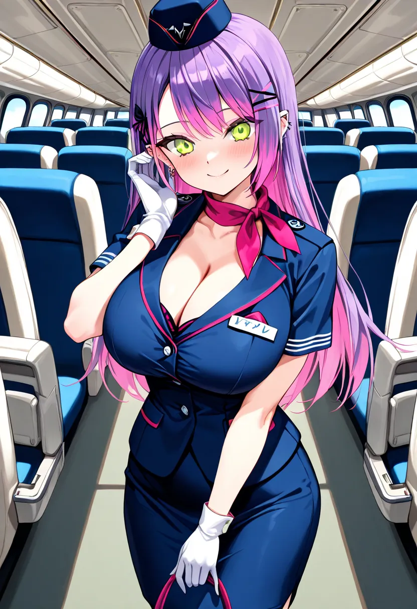 (Top Quality , 8k , masterpiece , incredibly absurdres , perfect body , super detailed skin , highly detailed eyes and face , 1 woman ) , tokoyami towa , purple Hair , Green eyes , smile ,  will be happy , ( flight attendant , airplane interior : 1.2 ) , (...