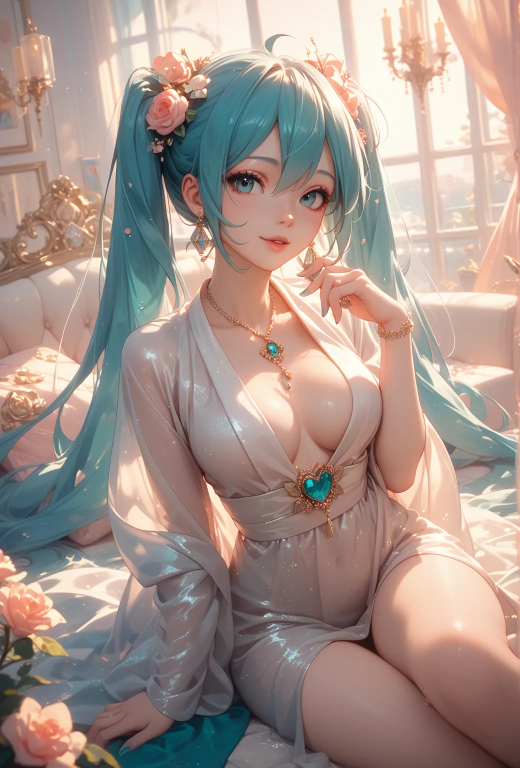 Elegant and beautiful, secretly sensual, kind friend , wearing only an open silk robe, hatsune miku 