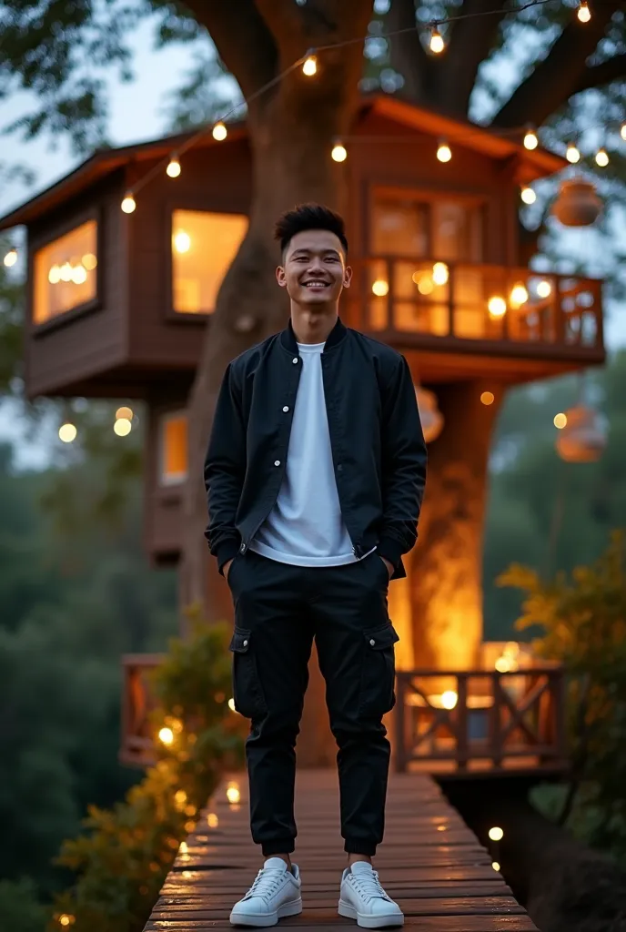 16k photography, realistic image, sharp full HD, facing the camera, a 25 year old Indonesian man wearing a black jacket and  white shirt,  cuthair , wearing cargo pants, wearing white sneakers, he stand on top of a tall tree house (with windows, chandelier...