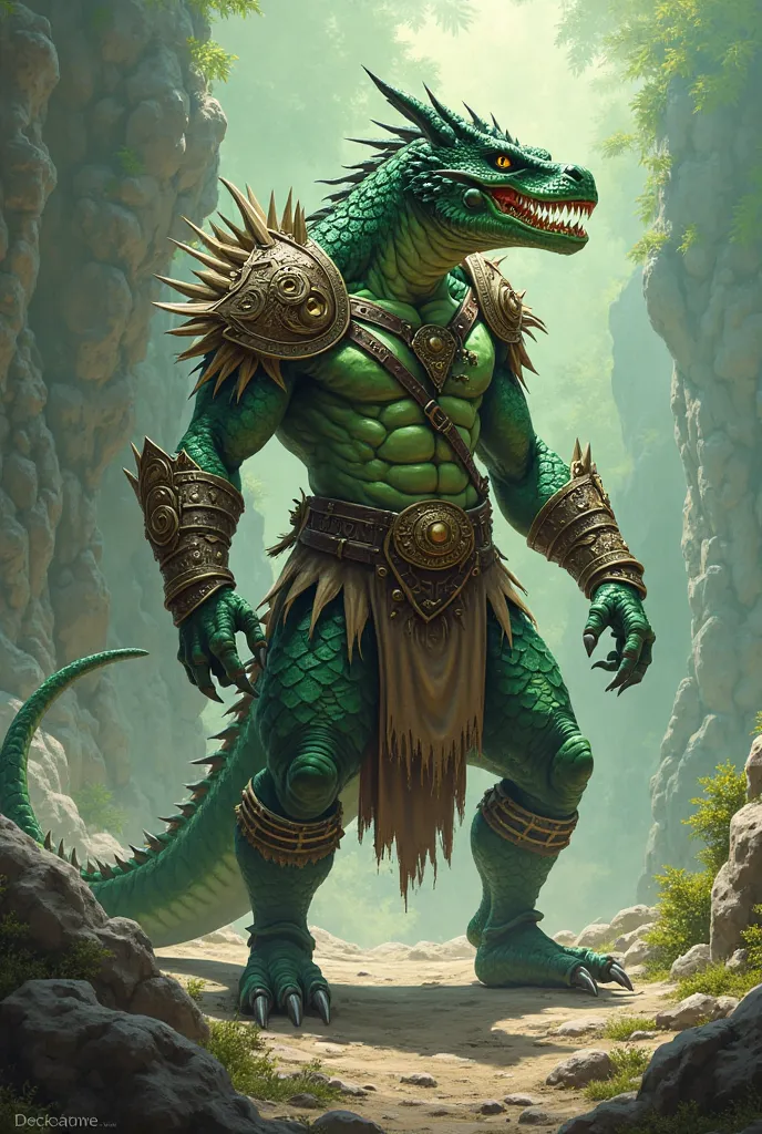 emerald gem dragonborn barbarian in primitive combat gear muscular (rpg art style)