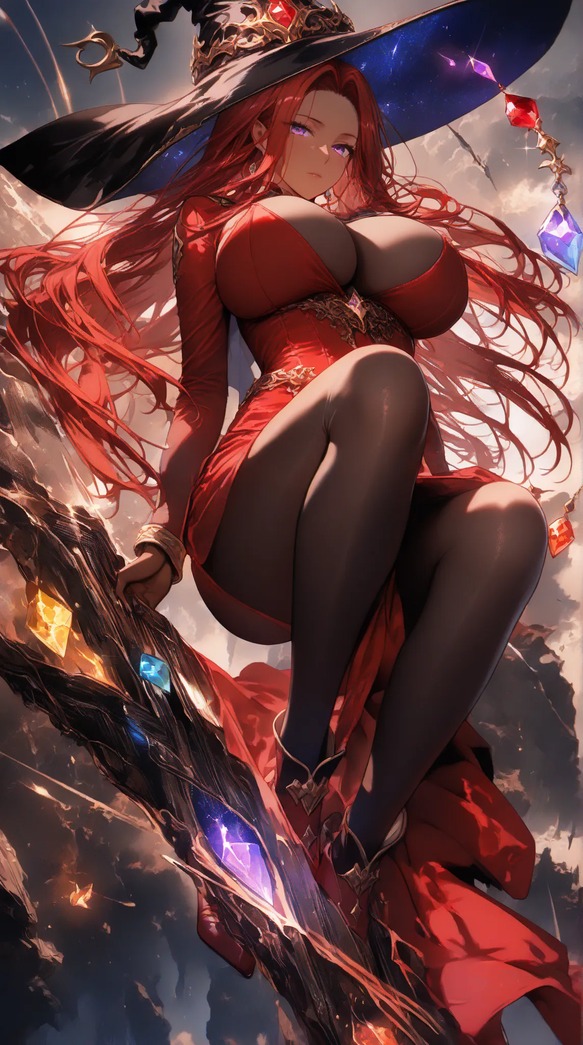 nsfw,((4K, 8k, Ultra HD)), ((Masterpiece :1.2)), ((Best quality :1.2)), ((Detailed :1.5)), super high resolution,((beautiful and sexy female mage falling from the air)),((Red long hair)), (Fuji frame、forehead, parted long bangs)、( huge breasts), ((brown sk...