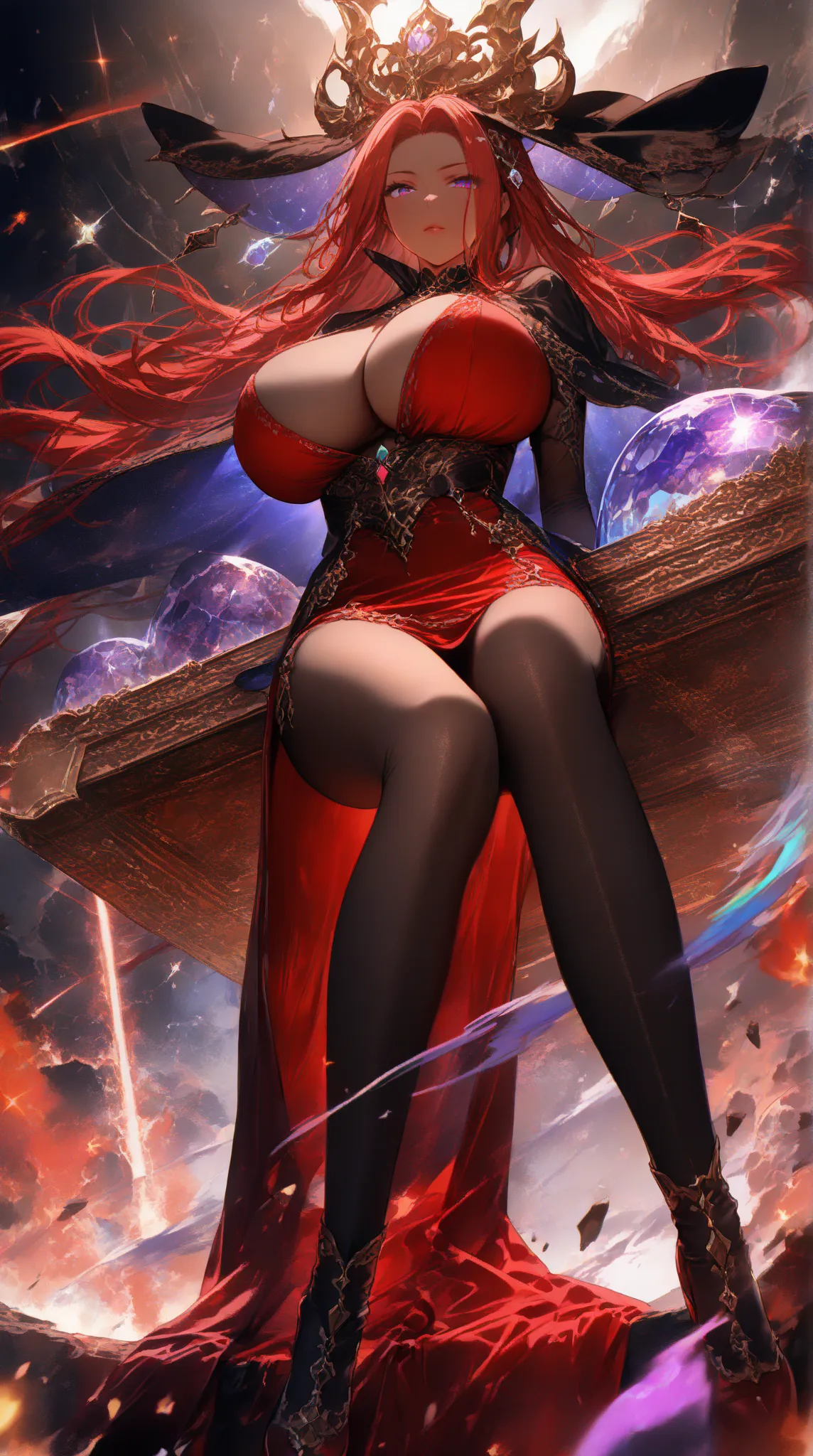 nsfw,((4K, 8k, Ultra HD)), ((Masterpiece :1.2)), ((Best quality :1.2)), ((Detailed :1.5)), super high resolution,((beautiful and sexy female mage falling from the air)),((Red long hair)), (Fuji frame、forehead, parted long bangs)、( huge breasts), ((brown sk...