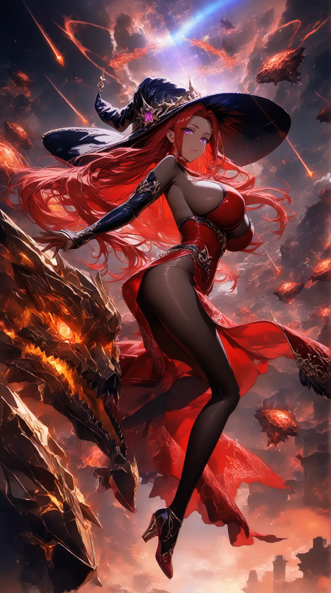 nsfw,((4K, 8k, Ultra HD)), ((Masterpiece :1.2)), ((Best quality :1.2)), ((Detailed :1.5)), super high resolution,((beautiful and sexy female mage falling from the air)),((Red long hair)), (Fuji frame、forehead, parted long bangs)、( huge breasts), ((brown sk...