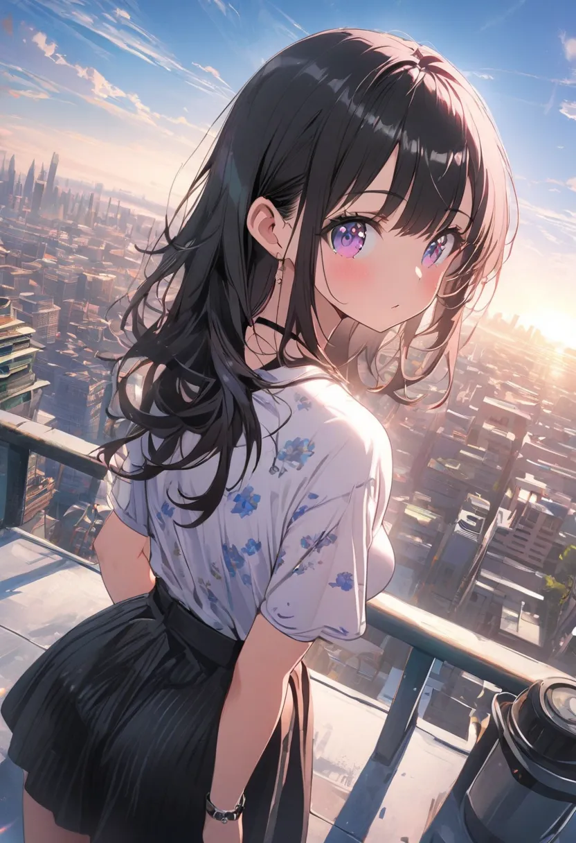 1girl, Selfie shot angle, from behind, city, Digital painting, kawaii anime, sunlight