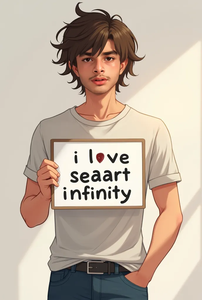 Beautiful boy with wavy short hair, gaming look, holding a white board with text "I Love Seaart Infinity" and showing it to the viewer